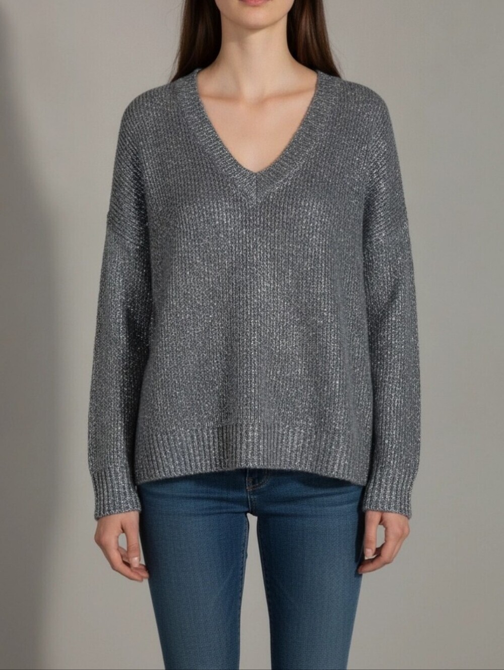 1.State Womens Sweater Sz M Blue-Metallic Silver Throughout Front Oversized